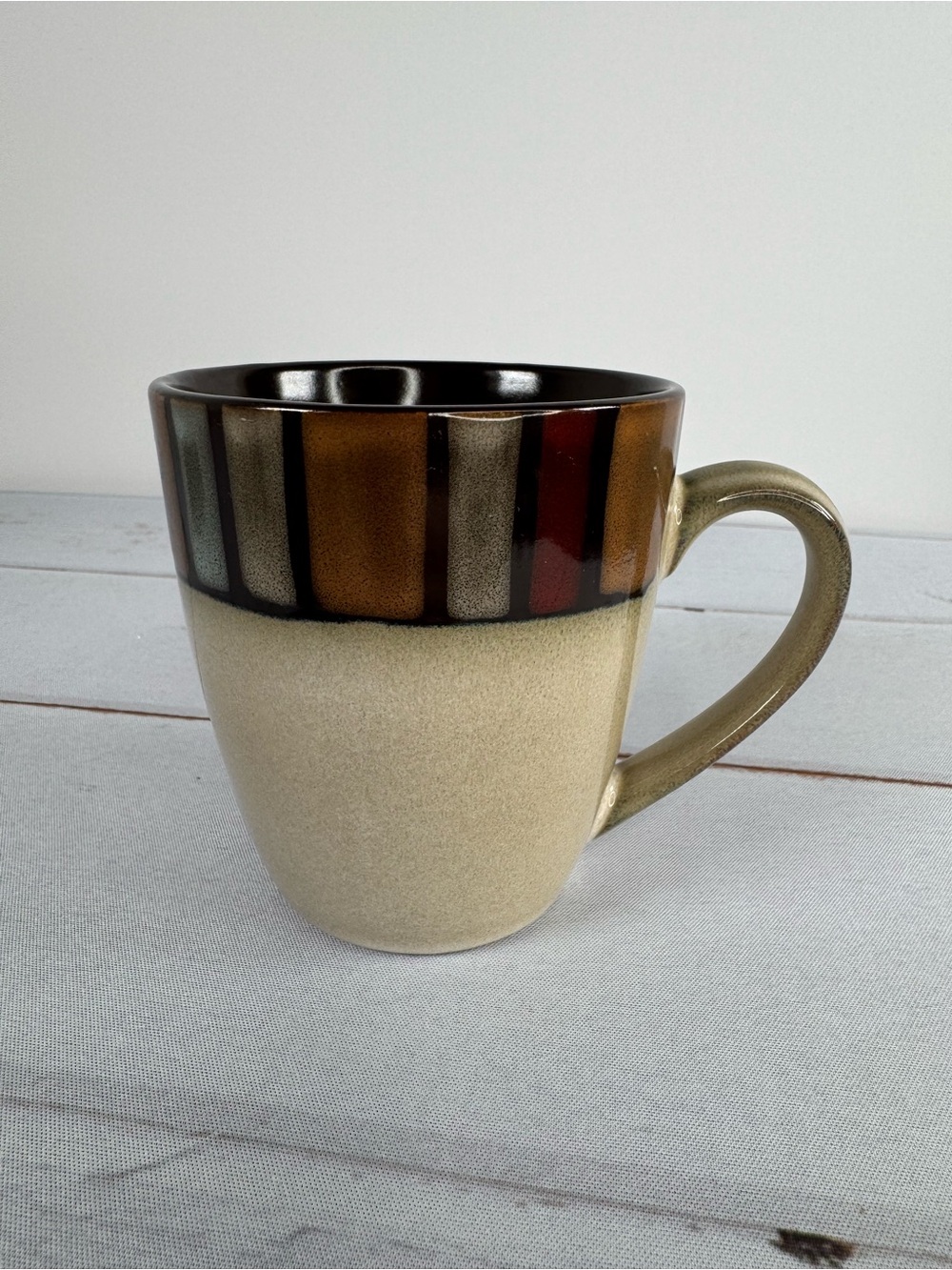 Earth Tone Striped Rim Stoneware Coffee Mug Sand Black Interior